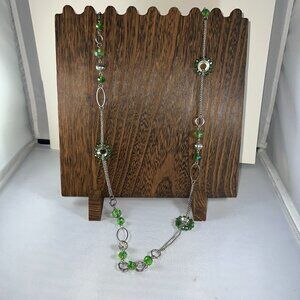 Green & Silver Beaded Necklace With Adjustable Chain & Decorative Accents